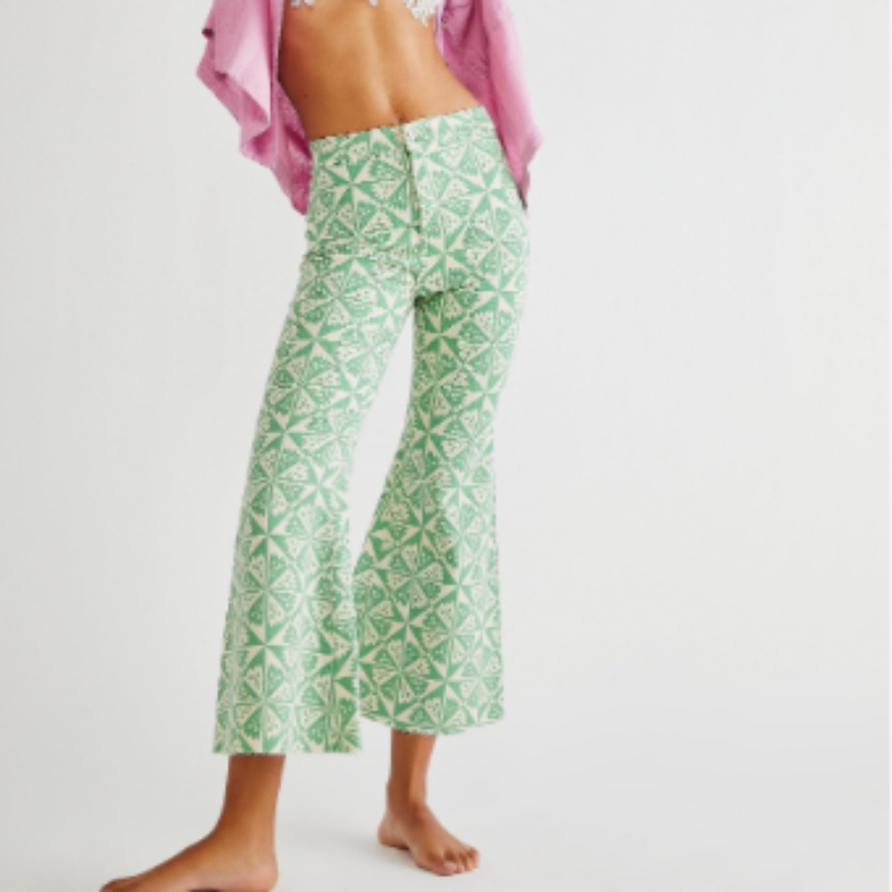 Free People Mint Patterned Boot-Cut Crop Pants